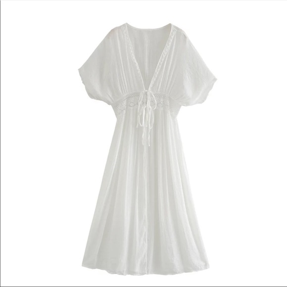 Black Maxi Kimono CoverUp Linen Cotton Lace - Picture 9 of 14